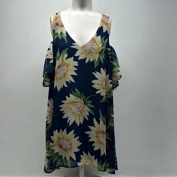 Show Me Your Mumu Birdie Dress Mini Ruffle Sunflower Floral Navy Blue M Medium - Picture 2 of 7